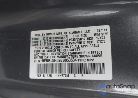 2011 Honda Odyssey Ex-L из США, поврежденный, VIN 5FNRL5H62BB053534